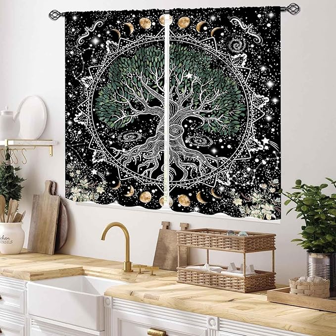 Life Tree Curtains, Hippie Sun Moon Trippy Tree of Life Bohemian Mandala Aesthetci Mystic Witchy Blackout Window Drapery Treatments for Bedroom Living Room Bathroom Decor, 55x39 Inch