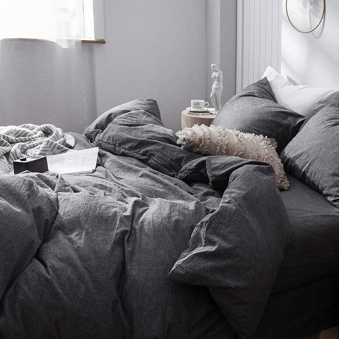 MooMee Bedding Duvet Cover Set 100% Washed Cotton Linen Like Textured Breathable Durable Soft Comfy (Heathered Dark Grey, Twin 68"x90")