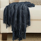 BOURINA Navy Throw Blanket 50x60 Inches Throw Textured Solid Soft Ripple Throws and Blankets for Sofa or Bed Knitted Decorative Blanket