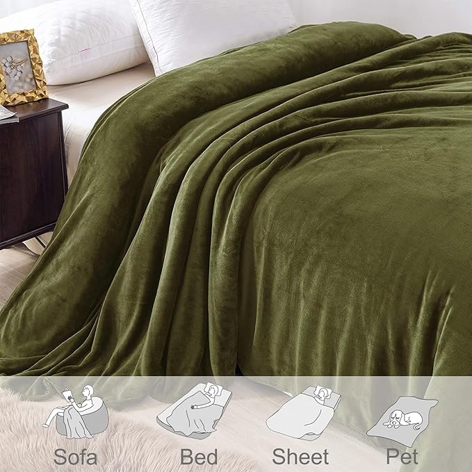 Exclusivo Mezcla Fleece Blanket Queen Size for Bed, Super Soft and Warm, All Season Use, Cozy, Plush, Lightweight, 90x90 Inches, Olive Green