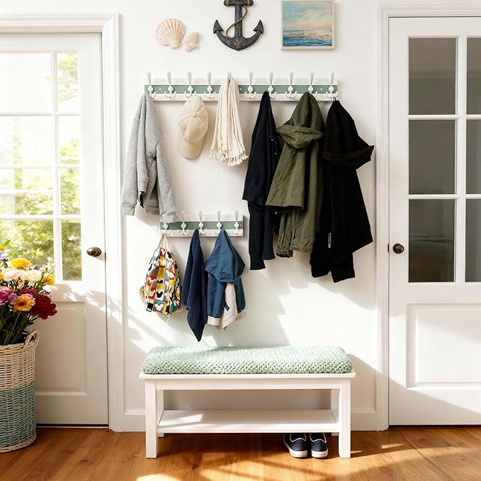 SKOLOO Coastal Wall Mounted Coat Rack - 17" Beach House Entryway Wooden Coat Hook with 5 Hooks for Hanging Coats, Hats or Towels, Oceanfront Cottage Core Collection, White & Green