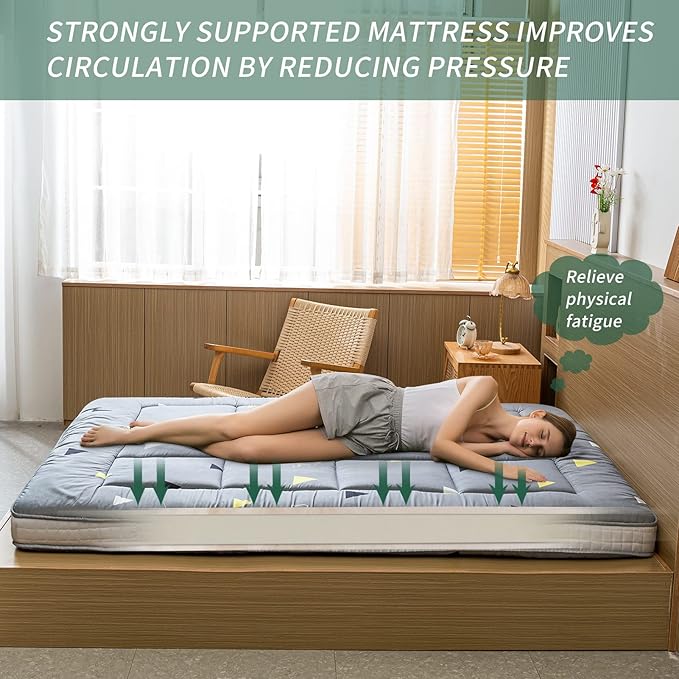 MAXYOYO Grey Triangle Futon Mattress, Japanese Floor Mattress Quilted Bed Mattress Topper, Extra Thick Folding Sleeping Pad Breathable Floor Lounger Guest Bed for Camping, Queen Size