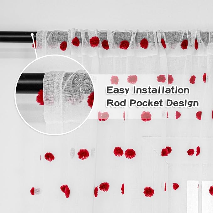 MYSKY HOME 95 Inch Long Christmas Curtains for Living Room Sliding Door Red Pom Pom White Shher Curtains for Bedroom Large Window Panels Dining Room Rod Pocket Privacy Protect 2 Sets 52" x 95"