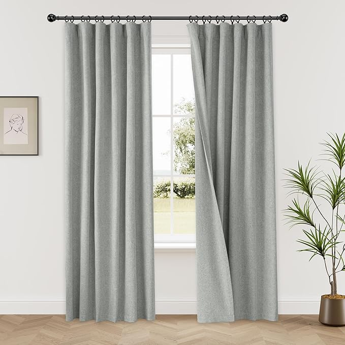 Extra Wide Blackout Curtains, Back Tab Pleated Double Sided Linen Curtains with Hooks Track System, 4-Way Hanging for Farmhouse Living Room Offices 72x84 Inch(Fog Grey, 2 Panels)