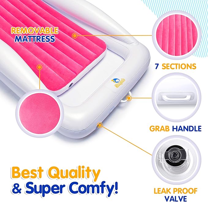 Sleepah Inflatable Toddler Travel Bed Portable Kids Air Mattress Set w Safety Rail Guards for Kids & Toddlers – Includes Pump, Carry Case, Pillow & More - Perfect Transitional Cot Coral