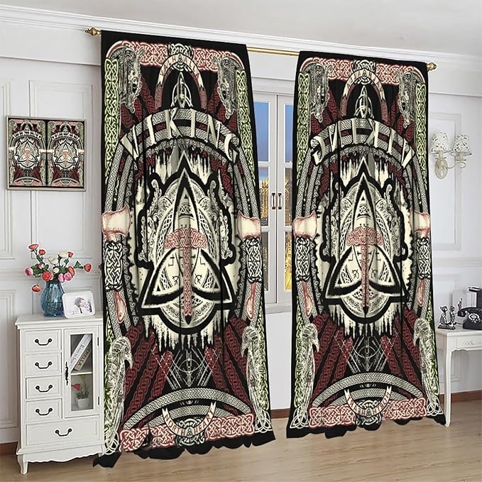 Viking Curtains Nordic Mythology Rune Weapon Antique Viking Pirate Crow Art Pattern Printed Curtains Bedroom Living Room Decoration Blackout Curtains W42 * L54 Inch