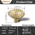 Brushed Gold Cabinet Knobs 6 Pack Round Sunflower Dresser Knob Drawer Hardware Furniture Cupboard Handles for Bathroom Kitchen SH-BG-K6