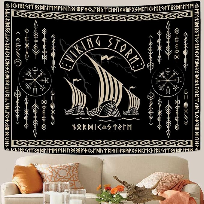 OSUNBD Viking Warship Tapestry Wall Hanging - Small 70x47 inches Storm & Celtic Runes on Soft Flannel Aesthetic Mythology Tapestries Norse Mythology Art for Bedroom, Living Room Decor