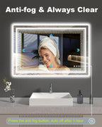 48x32 Inch LED Lighted Bathroom Mirror, Light Up Bathroom Vanity Mirror Unbreakable with 2 Front Lights & Back Lit, 3 Colors Stepless Dimmable, Anti-Fog, Memory Function, Closable Blue Buttons