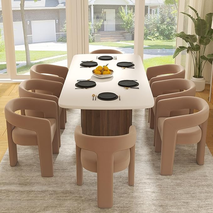 Modern Barrel Dining Chairs Set of 8, Velvet Upholstered Accent Side Chair with Arms Comfy Makeup Vanity Chairs, Dining Living Room Kitchen Chairs, Khaki