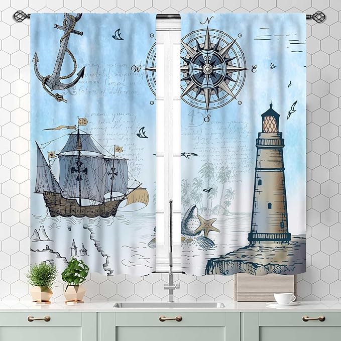 Nautical Curtains, Vintage Marine Coastal Sailboat Compass Anchor Ocean Beach Lighthouse Watercolor Blue Decorative Drapes for Bedroom Living Room Kitchen Bathroom Window 2 Panels Set, 55x39 Inch