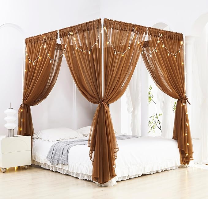 Akiky Canopy Bed Curtain with Lights Bed Drapes for Girls Adults Soft Bed Canopy Scarf for Bed Room Decoration (King, Coffee)
