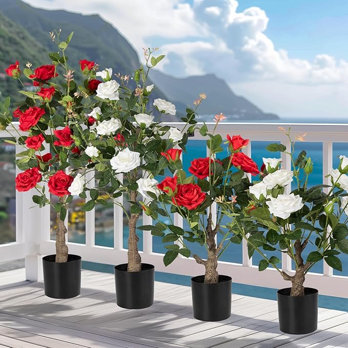 Artificial Rose Flower Trees 2 Pack- 38’’ Lifelike Plant in Pot with White Flowers Decorative Rose Trees for Home, Office, Wedding, and Event Decor, White