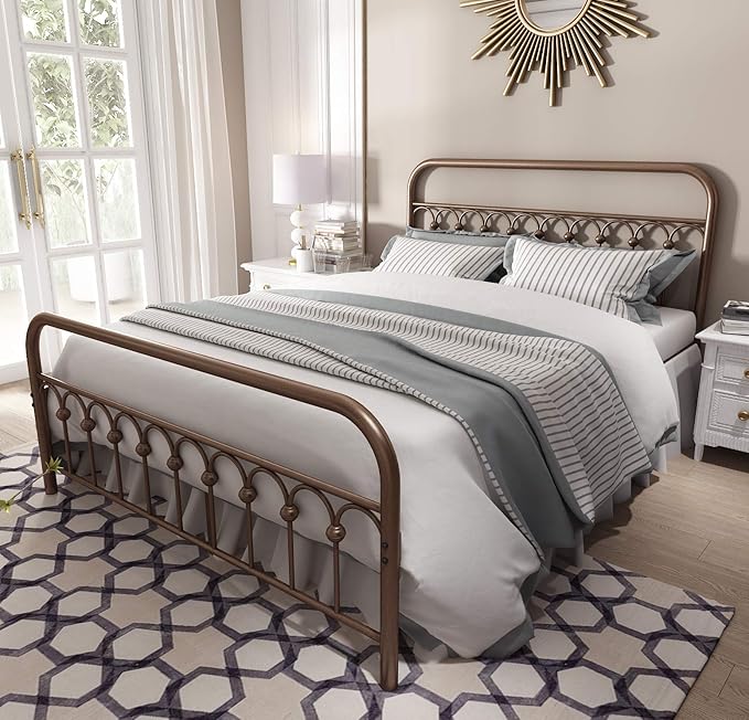 YALAXON Vintage Sturdy Queen Size Metal Bed Frame with Headboard and Footboard Basic Bed Frame No Box Spring Needed，Antique Brown.