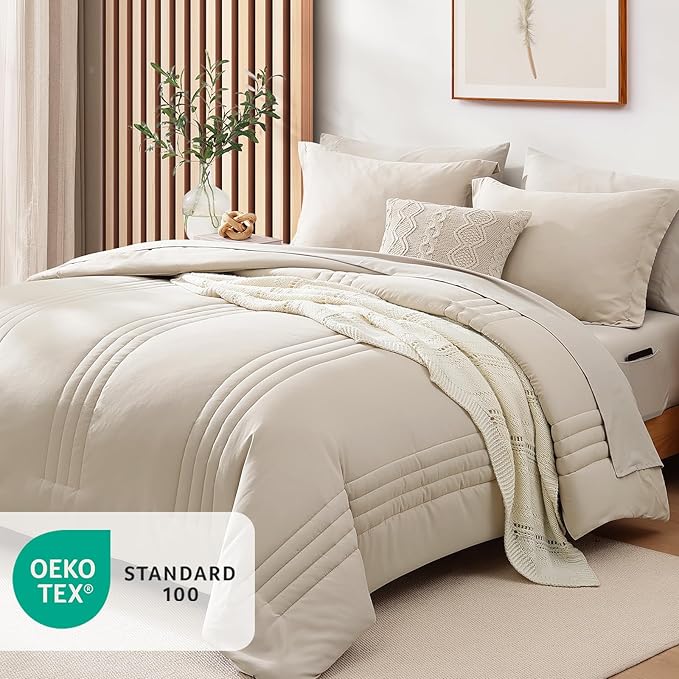 Monbix Oversized Queen Comforter Set - 7 Pieces Apricot Beige Bed in a Bag Queen Bedding Sets with Comforters, All Seasons Down Alternative Comforter Bed Set with Sheets,Pillowcases & Shams