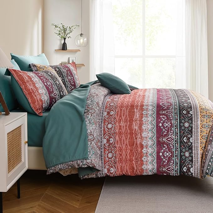 Cottolester Boho Full Comforter Set 8 Pieces,Orange and Green Bohemian Striped Bed in a Bag, Paisley Soft Microfiber Bedding Comforter Set