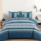 Boho Full Size Comforter Set 8 Pieces, Teal Blue Comforter Bohemian Striped Bed in A Bag, Soft Microfiber Bedding Set for All Seasons