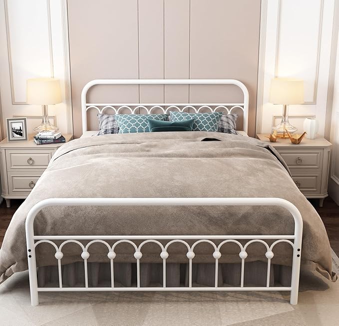 YALAXON Vintage Sturdy Queen Size Metal Bed Frame with Headboard and Footboard Basic Bed Frame No Box Spring Needed (Queen,White)