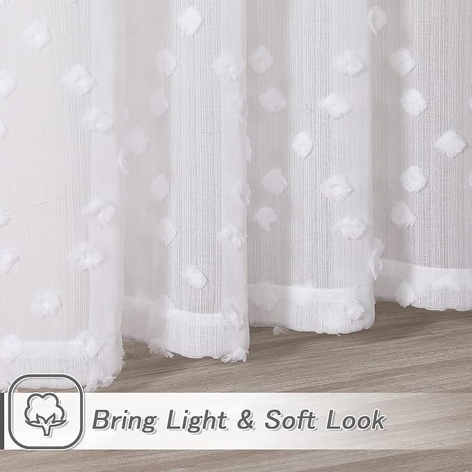MYSKY HOME Pom Pom White Sheer Curtains for Bedroom Girls Room Curtains for Nursery Kids Light Filtering Boho Window Drapes, Rod Pocket, 52 x 95 Inches, 2 Panels