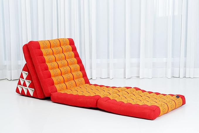 Leewadee Comfortable Japanese Floor Mattress - Thai Floor Bed with Triangle Cushion - Futon Mattress - XL Extra Long Thai Massage Mat, 89 x 20 inches, Orange Red, Kapok Filling