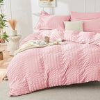 HYMOKEGE Pink Full Size Comforter Sets Seersucker 7 Pieces, All Season Luxury Bed in a Bag for Bedroom, Bedding Set with Comforters, Sheets, Pillowcases & Shams