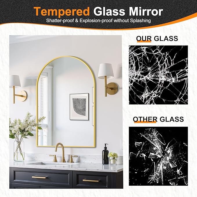 Delma Arched Bathroom Mirror, 26"x38" Wall Mounted Vanity Mirror for Bedroom, Living Room and Entryway, Black
