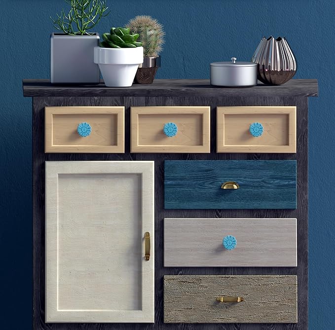 6PCS Vintage Floral Daisy Ceramic Dresser Drawer Knobs Elegant Cabinet Cupboard Door Hardware Pull Handles w/Screws Aqua Blue