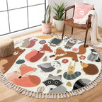 Round Rugs Woodland Animals Cute Forest Design Elements Boho Area Rug Linen and Cotton Carpet Meditation Rug Washable Hallway Runner Mat Accent Rug for Bedroom Bathroom 3ft