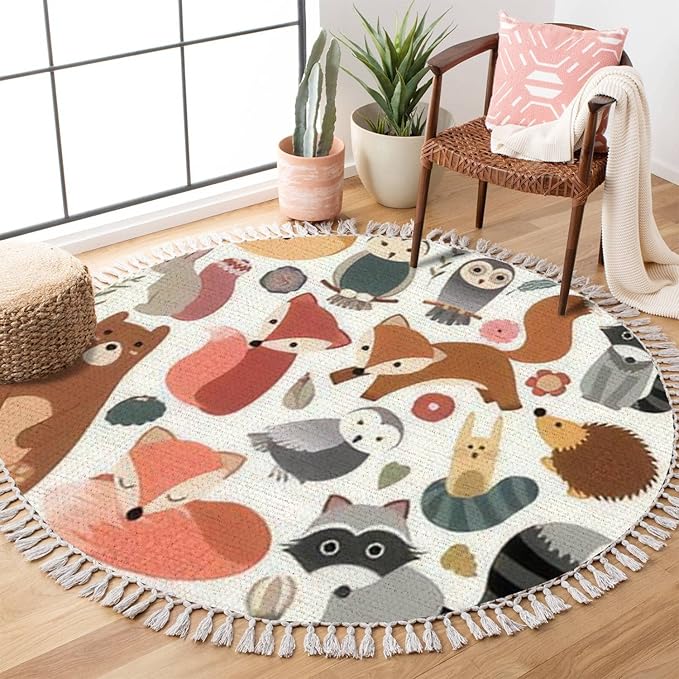 Round Rugs Woodland Animals Cute Forest Design Elements Boho Area Rug Linen and Cotton Carpet Meditation Rug Washable Hallway Runner Mat Accent Rug for Bedroom Bathroom 3ft