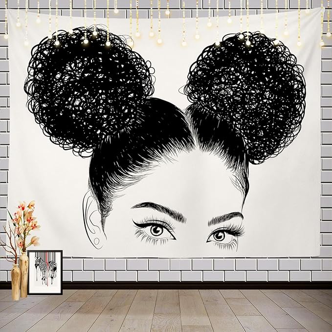 Batmerry Black Woman Afro American Tapestry, Black Woman with Shirt Graphic Tee Visit Hair Afro Girl Picnic Mat Beach Towel Wall Art Decoration for Bedroom Living Room, 39.4 x 59.1 Inches, Black