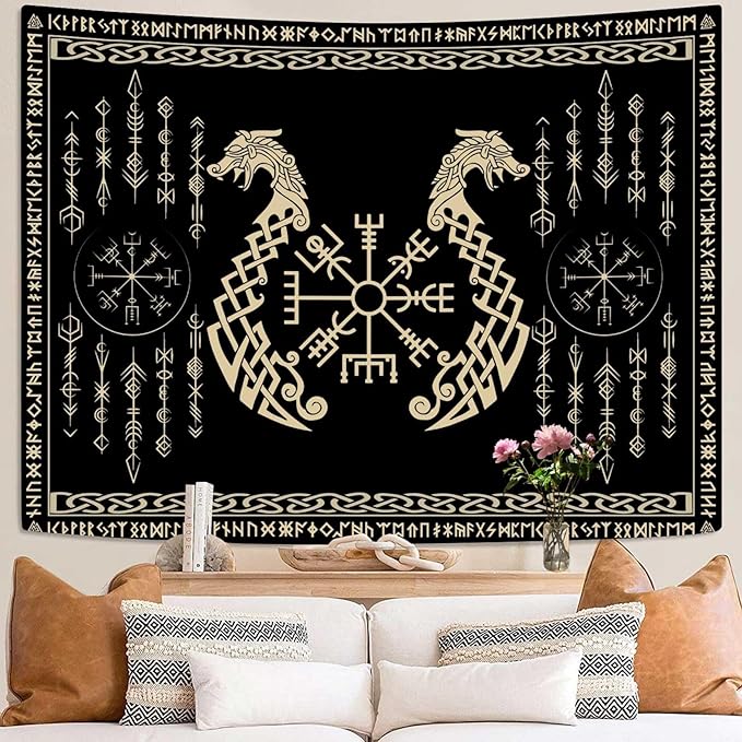 OSUNBD Nordic Vikings Tapestry, Small 6040 inches Soft Flannel, Vegvsir Symbol Twins Dragons Celtic Rune Scandinavian Aesthetic Mythology Tapestry Wall Hanging for Bedroom Living Room Decor