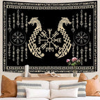 OSUNBD Nordic Vikings Tapestry, Small 6051 inches Soft Flannel, Vegvsir Symbol Twins Dragons Celtic Rune Scandinavian Aesthetic Mythology Tapestry Wall Hanging for Bedroom Living Room Decor