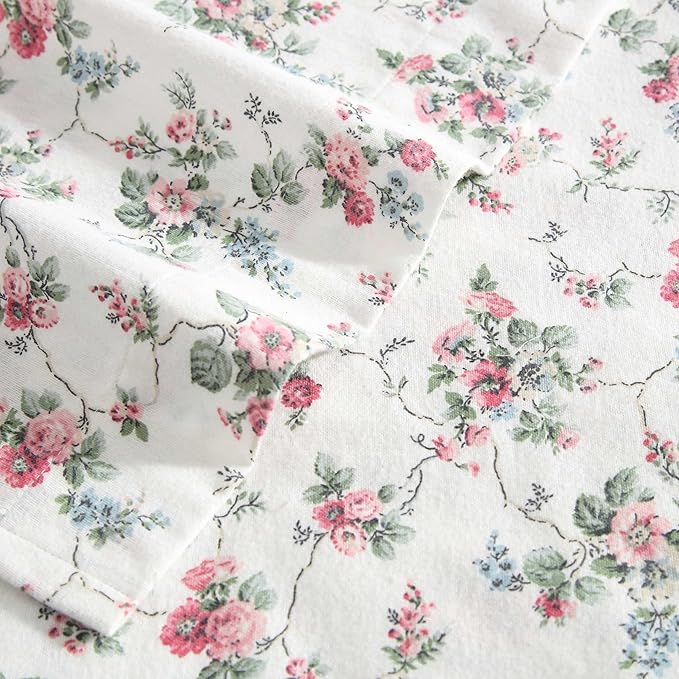 Laura Ashley - Flannel Sheets Queen Size, Anti-Pilling & Wrinkle Resistant Cotton, Touchably Soft for All-Season Comfort - Bed Sheets with Matching Pillowcases & Fitted Sheet (Le Fleur Pink)