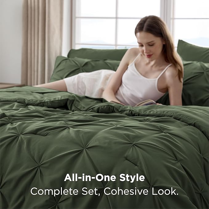 Bedsure Twin Comforter Set Olive Green - Bed in a Bag Twin Size Bedding 5 Pieces, GentleSoft™ Pintuck Bed Set Gift for Family, Pinch Pleat Olive Green Comforter with Sheets, Pillowcase & Sham
