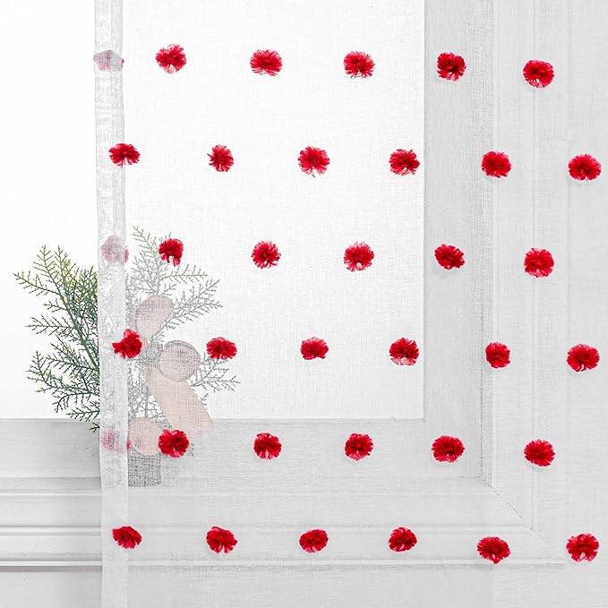 MYSKY HOME Short Curtains for Bedroom 54 Inches Long Merry Christmas Red Pom Pom White Sheer Curtains Kitchen Bathroom Nursery Boys Kids Room Rod Pocket 2 Pieces Small Window 52" x 54"