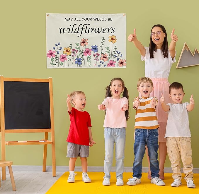 Nursery Rectangular Canvas Banner-Flag Wall Sign for Kids Toddler Boy Girl-Baby Room Above Crib Bedroom Dorm Wall Decor-Baby Shower Birthday Christmas Gift-May All Your Weeds Be Wildflowers