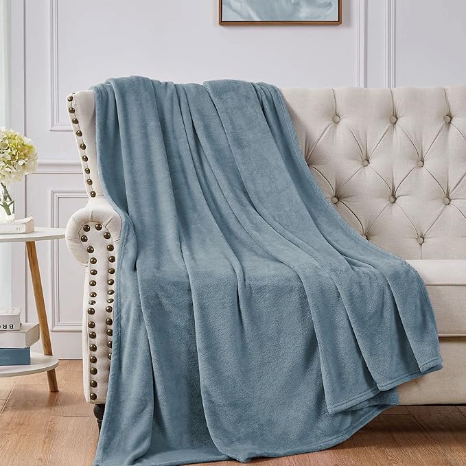Walensee Fleece Blanket Plush Throw Fuzzy Lightweight (Queen Size 90x90 Washed Blue/Slate Blue/Grey Blue) Super Soft Microfiber Flannel Blankets for Couch, Bed, Sofa Warm and Cozy for All Seasons