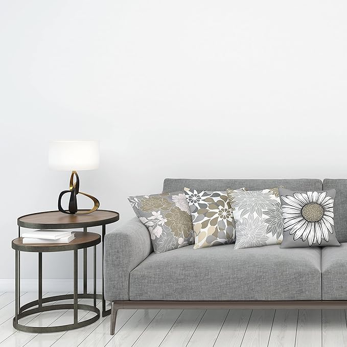 Ambesonne Floral Throw Pillow Cushion Case Pack of 4, Flower Petals Modern Color Palette Chamomile Peony Dahlia and Sunflower Print, Modern Accent Double-Sided Digital Printing, 24", Slate Brown Grey