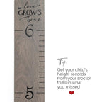 HEADWATERS STUDIO Wooden Growth Chart for Wall - Height Growth Chart for Kids, Kid Height Wall Chart, Height Measurement for Wall, Height Chart for Kids - Love Grows Here, Skinny Grey (63""x5.75"")