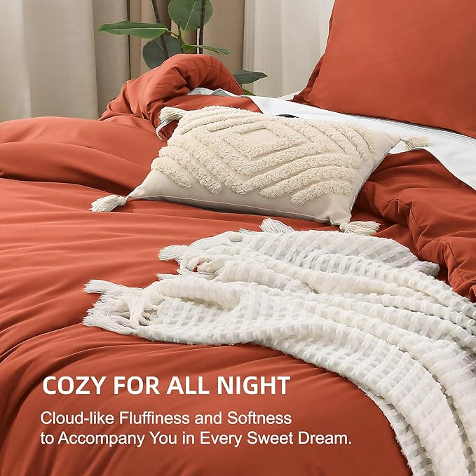 Litanika Comforter King Size Bed Set Burnt Orange, 3 Pieces Terracotta Boho Lightweight Fluffy Solid Bedding Comforter Set, Rust All Season (104x90In Comforter & 2 Pillowcases)