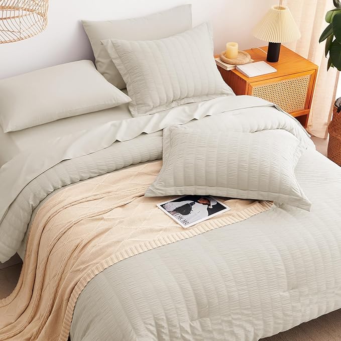 CozyLux Full Size Comforter Sets with Sheets Seersucker 7 Pieces Oatmeal Bed in a Bag Textured Luxury Soft Bedding Set with Down Alternative Comforter, Sheets, Pillowcases & Shams for All Seasons