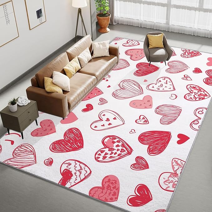Washable Area Rug 6x9 ft Cartoon Hand-Painted Red Love 3D Print Area Rug for Living Room Bedroom Kids Room Home Decor Carpet, Indoor Non-Slip Floor Rug Mat, Low Pile Rugs