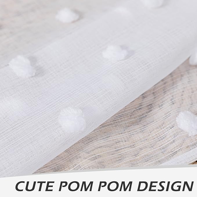 MYSKY HOME White Curtains for Living Room 84 Inch Length Long Pom Pom Curtains for Bedroom Sheer Curtains for Nursery Windows Rod Pocket Privacy Drapes Dining Room 52" x 84" 2 Panels