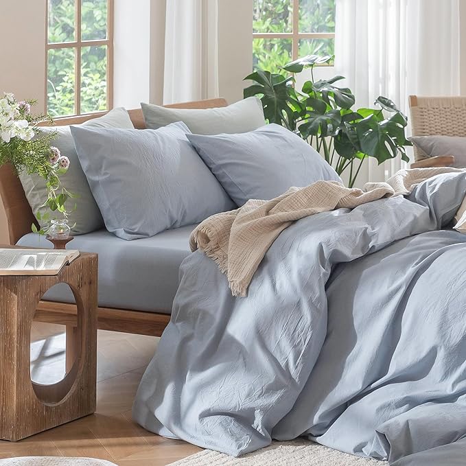 MooMee Bedding Duvet Cover Set 100% Washed Cotton Linen Like Textured Breathable Durable Soft Comfy (Heathered Cornflower Blue, King 104"x90")