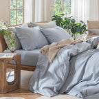 MooMee Bedding Duvet Cover Set 100% Washed Cotton Linen Like Textured Breathable Durable Soft Comfy (Heathered Cornflower Blue, Twin 68"x90")