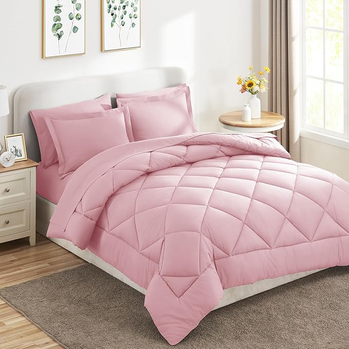 CozyLux Queen Comforter Set Pink - Bed in a Bag Queen Size 7 Pieces, Luxury Soft Bed Set for All Seasons, Bedding Set with Down Alternative Comforter, Sheets, Pillowcases & Shams