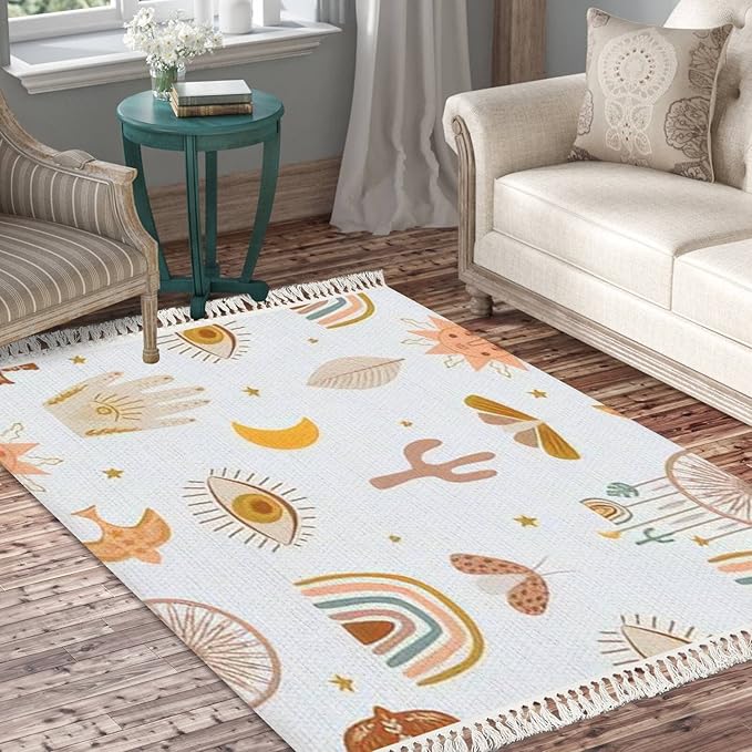 Boho Rug Kids Boho Eye Rainbow Hand Cactus Moon Star Sun Scandinavian Chic Area Rug Hallway Runner Rug Meditation Mat Minimalist Home Decor Bedroom Nursery Playroom Classroom, 4'x6