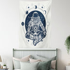 Lunarable Moon Phases Tapestry, Spaceman Silhouette Sitting in Lotus Pose Yoga Zodiac Harmony, Wall Hanging for Bedroom Living Room Dorm Decor, 60" X 80", Blue White