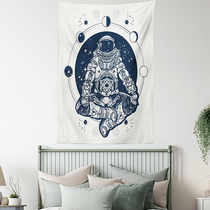 Lunarable Moon Phases Tapestry, Spaceman Silhouette Sitting in Lotus Pose Yoga Zodiac Harmony, Wall Hanging for Bedroom Living Room Dorm Decor, 60" X 80", Blue White