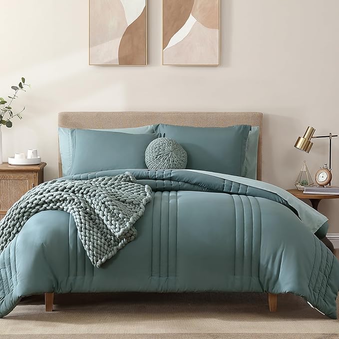 Monbix Full Comforter Set - 7 Pieces Dark Green Bed in a Bag Full Size Bedding Sets with Comforters, All Seasons Down Alternative Comforter with Sheets,Pillowcases & Shams